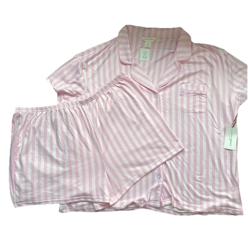 NWT Laura Ashley Women soft Pajama Set Size XL pink striped shorts, ss shirt